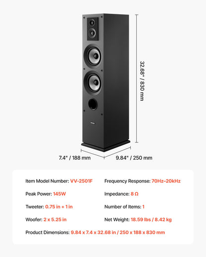 Floorstanding Speaker, 3-Way, Floor-Standing Tower Speaker with 19.05 mm&25.4 mm Tweeter, Dual 133.35 mm Woofers, 145W Peak, 70Hz–20kHz Frequency Response, MDF Enclosure, for Home Audio, Single