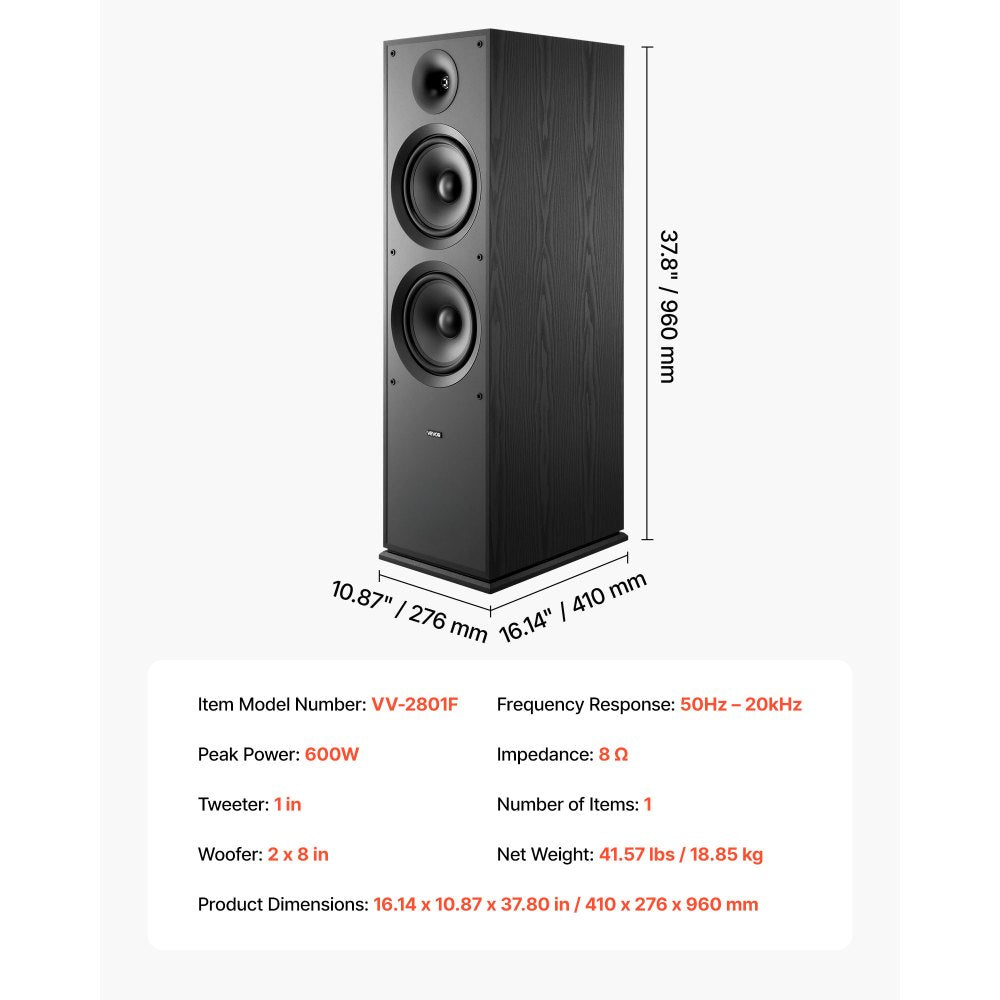 Floorstanding Speaker 2-Way Floor-Standing Tower Speaker 600W Peak Single