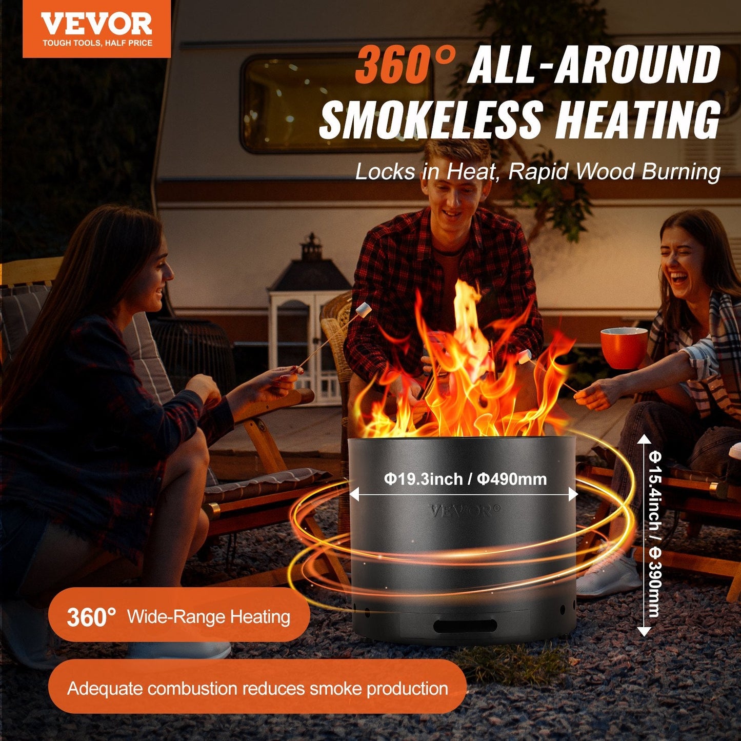 Stainless Steel Smokeless Fire Pit Stove - 0.49m Diameter, Portable & Lightweight