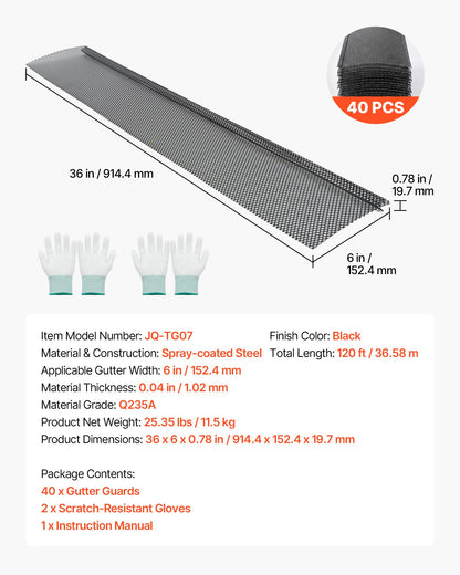 Gutter Guard, 152.4 mm Powder-Coated Steel Gutter Screen, Heavy-Duty 36.58 m Length, 1.02 mm Thick, Leaf Guard for Debris and Leaves, Easy DIY, Fits 152.4 mm Standard Systems, 40 Pack, Black