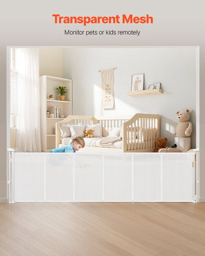Retractable Baby Gate, 870 mm Tall, Extends up to 2800 mm Wide, Retractable Gate for Kids or Pets, Mesh Material, Easy to Install for Indoor Stairs, Doorways, Hallways, Playrooms, White