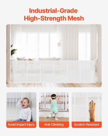 Retractable Baby Gate, 870 mm Tall, Extends up to 2800 mm Wide, Retractable Gate for Kids or Pets, Mesh Material, Easy to Install for Indoor Stairs, Doorways, Hallways, Playrooms, White