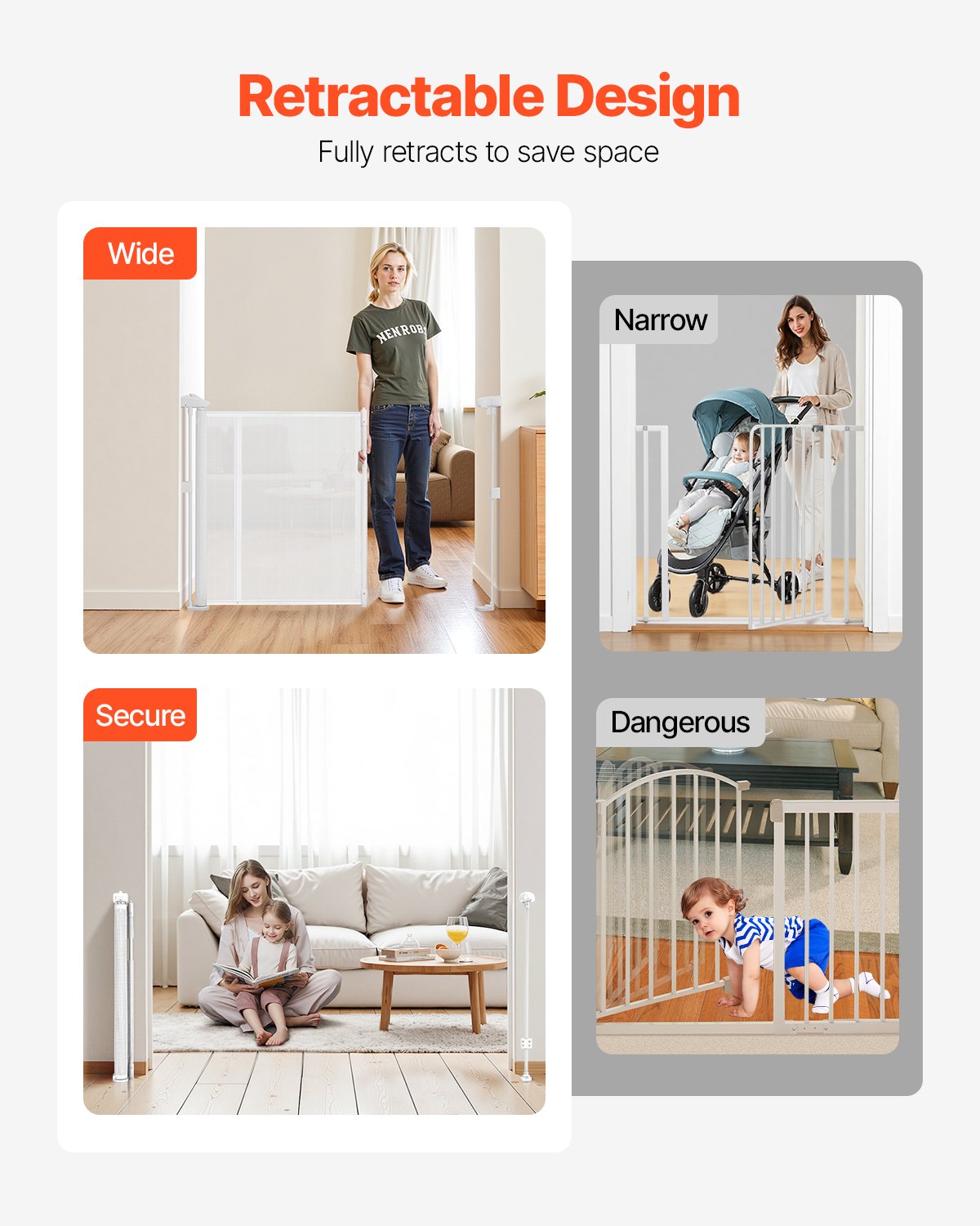 Retractable Baby Gate, 870 mm Tall, Extends up to 2800 mm Wide, Retractable Gate for Kids or Pets, Mesh Material, Easy to Install for Indoor Stairs, Doorways, Hallways, Playrooms, White