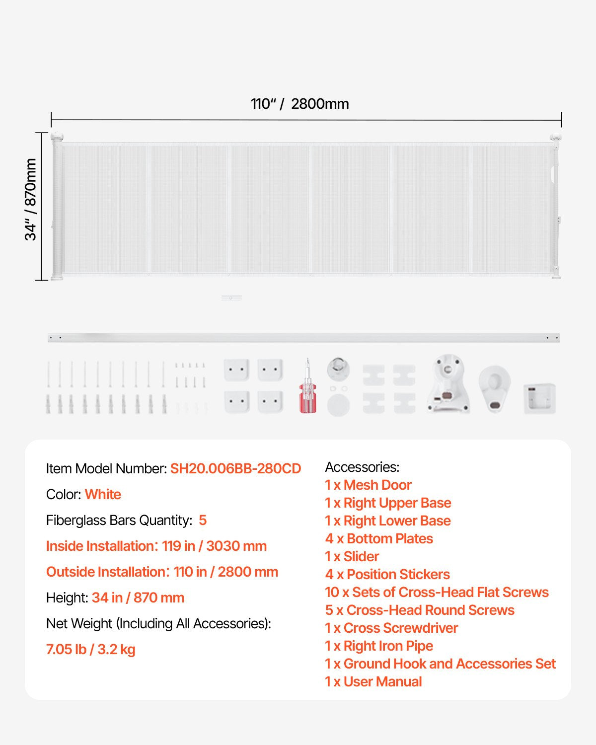 Retractable Baby Gate, 870 mm Tall, Extends up to 2800 mm Wide, Retractable Gate for Kids or Pets, Mesh Material, Easy to Install for Indoor Stairs, Doorways, Hallways, Playrooms, White