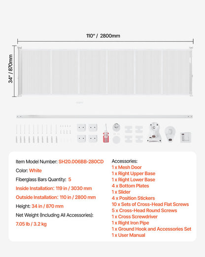 Retractable Baby Gate, 870 mm Tall, Extends up to 2800 mm Wide, Retractable Gate for Kids or Pets, Mesh Material, Easy to Install for Indoor Stairs, Doorways, Hallways, Playrooms, White