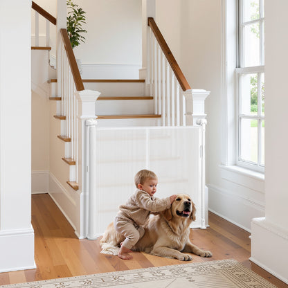 Retractable Baby Gate, 870 mm Tall, Extends up to 2800 mm Wide, Retractable Gate for Kids or Pets, Mesh Material, Easy to Install for Indoor Stairs, Doorways, Hallways, Playrooms, White