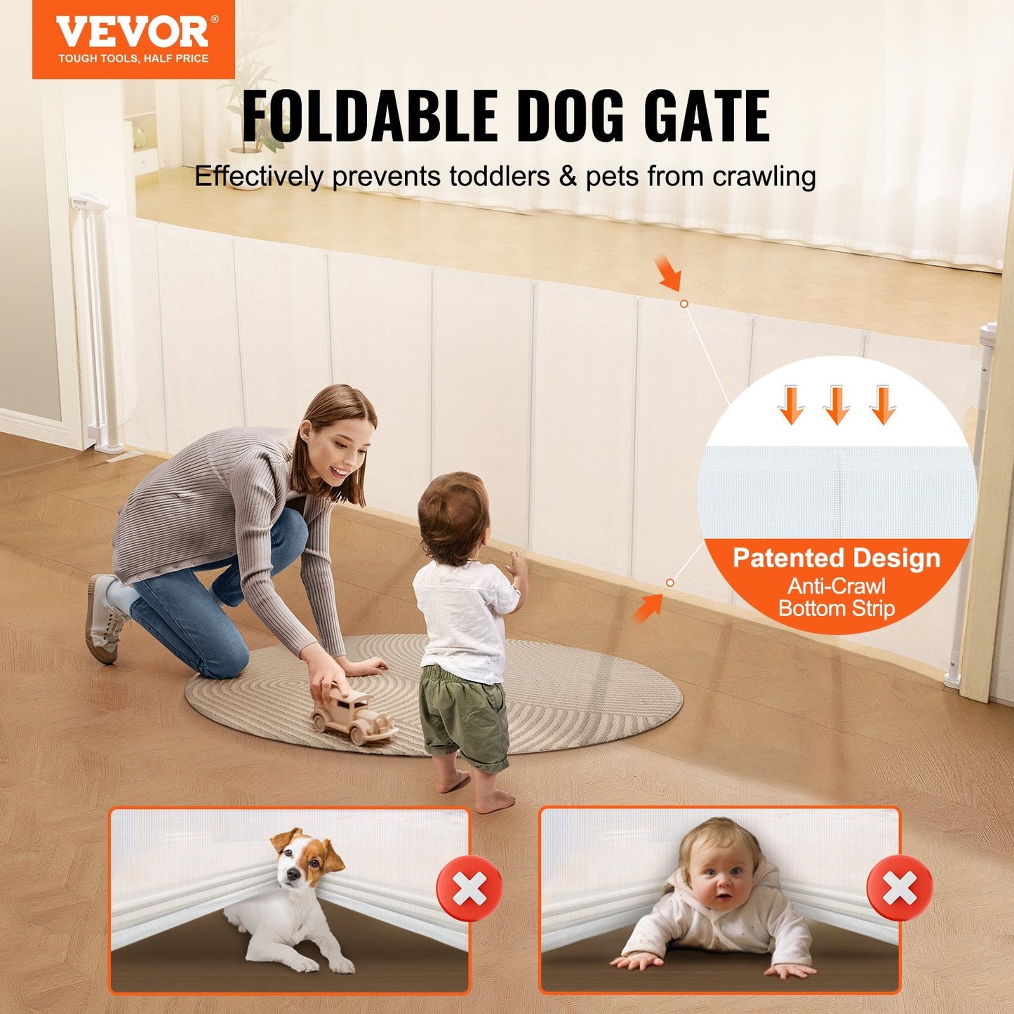 Retractable Mesh Gate for Kids and Pets, 0.87m Tall, Extends to 2.95m Wide