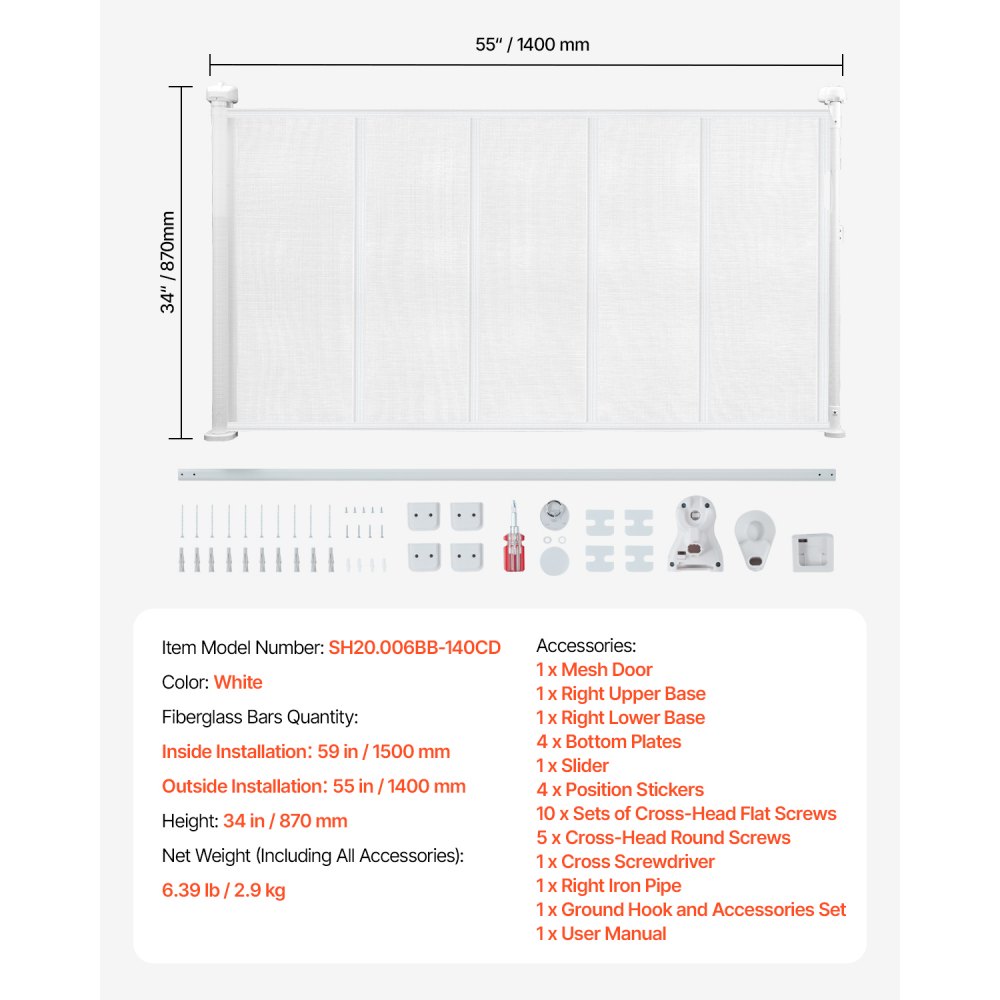 VEVOR Retractable Baby Gate 870 mm Tall Extend to 1400 mm Wide Kids Pets White