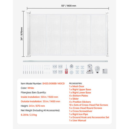 VEVOR Retractable Baby Gate 870 mm Tall Extend to 1400 mm Wide Kids Pets White