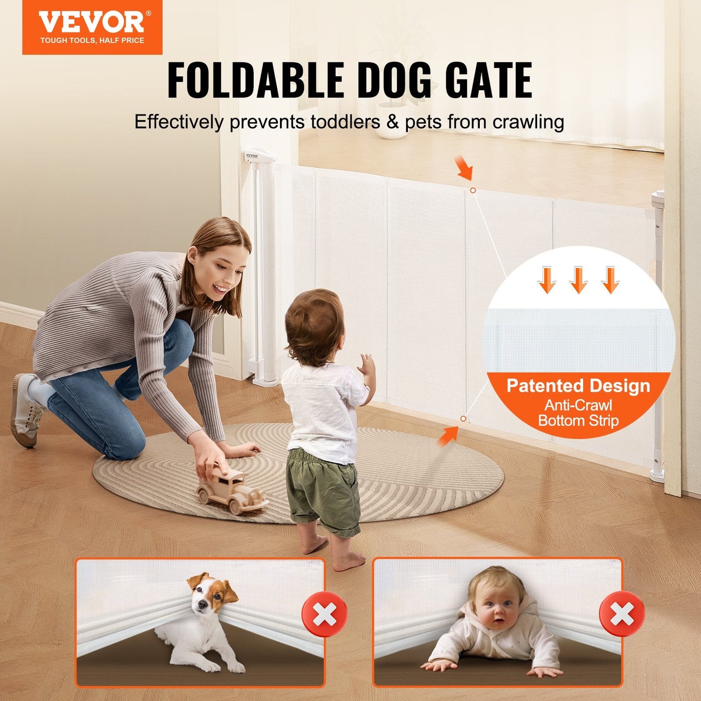 Retractable Mesh Baby Gate, 0.87m Tall, Extends up to 1.53m Wide, White