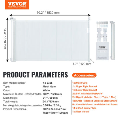 VEVOR Retractable Baby Gate, 34.2" Tall Mesh Baby Gate, Extends up to 60" Wide Retractable