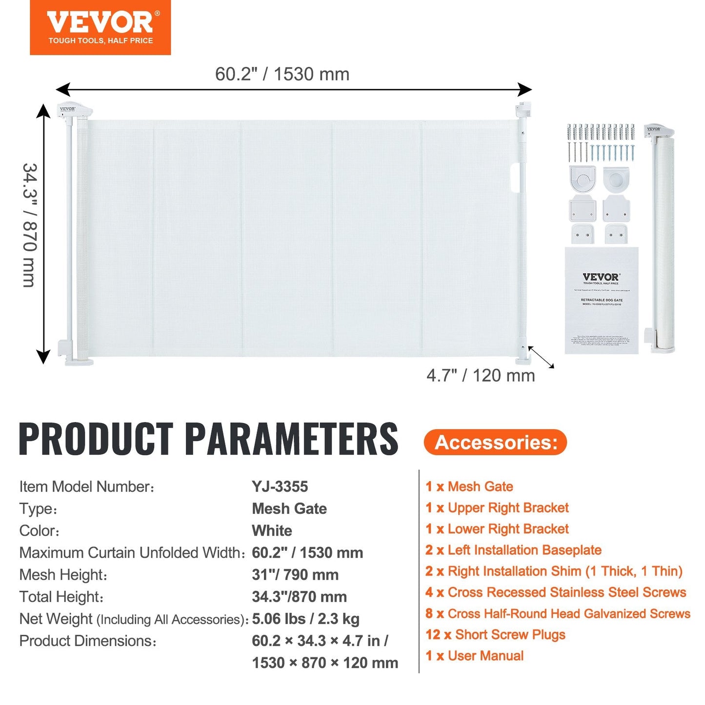 Retractable Mesh Baby Gate, 0.87m Tall, Extends up to 1.53m Wide, White