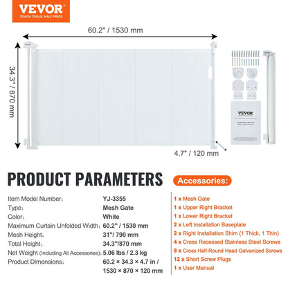 Retractable Mesh Baby Gate, 0.87m Tall, Extends up to 1.53m Wide, White