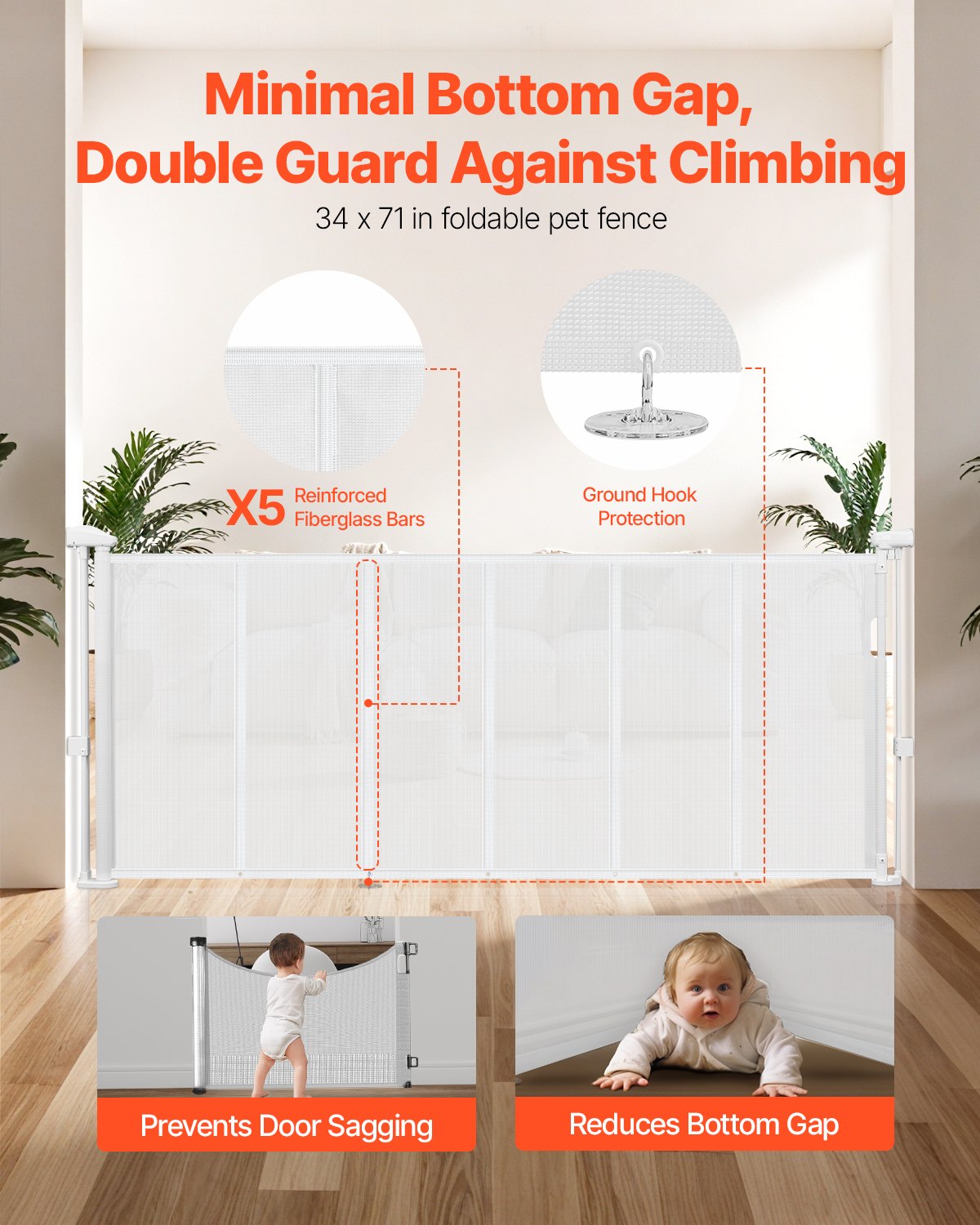 Retractable Baby Gate, 870 mm Tall, Extends up to 1800 mm Wide, Retractable Gate for Kids or Pets, Mesh Material, Easy to Install for Indoor Stairs, Doorways, Hallways, Playrooms, White