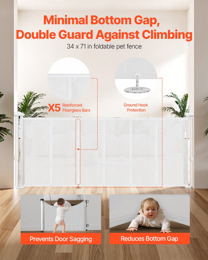 Retractable Baby Gate, 870 mm Tall, Extends up to 1800 mm Wide, Retractable Gate for Kids or Pets, Mesh Material, Easy to Install for Indoor Stairs, Doorways, Hallways, Playrooms, White
