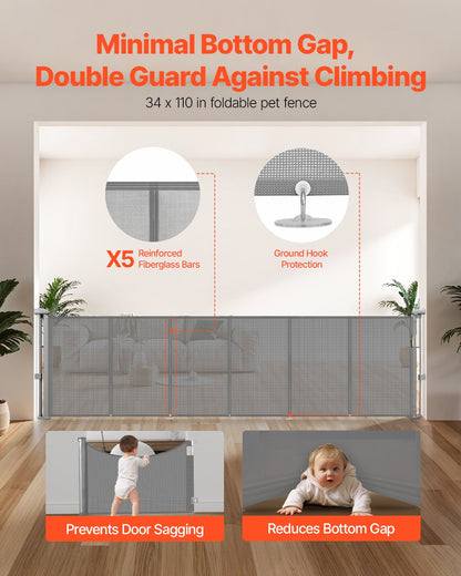 Retractable Baby Gate, 870 mm Tall, Extends up to 2800 mm Wide, Retractable Gate for Kids or Pets, Mesh Material, Easy to Install for Indoor Stairs, Doorways, Hallways, Playrooms, Gray