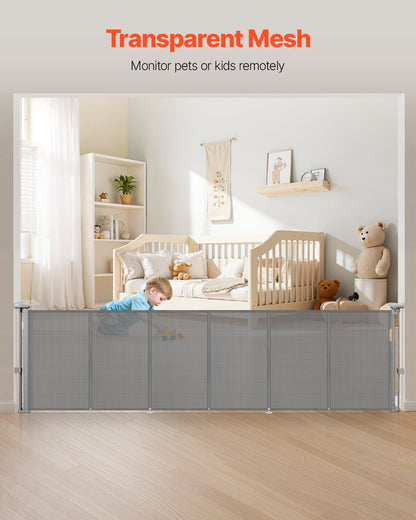 Retractable Baby Gate, 870 mm Tall, Extends up to 2800 mm Wide, Retractable Gate for Kids or Pets, Mesh Material, Easy to Install for Indoor Stairs, Doorways, Hallways, Playrooms, Gray