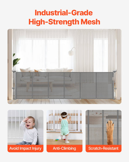 Retractable Baby Gate, 870 mm Tall, Extends up to 2800 mm Wide, Retractable Gate for Kids or Pets, Mesh Material, Easy to Install for Indoor Stairs, Doorways, Hallways, Playrooms, Gray