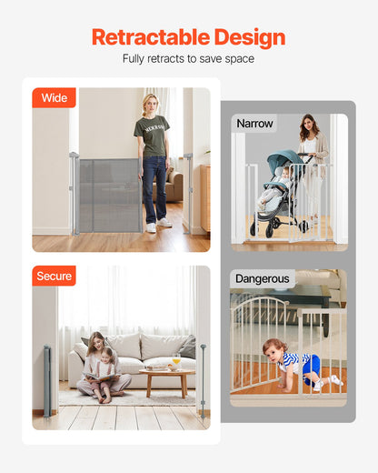 Retractable Baby Gate, 870 mm Tall, Extends up to 2800 mm Wide, Retractable Gate for Kids or Pets, Mesh Material, Easy to Install for Indoor Stairs, Doorways, Hallways, Playrooms, Gray