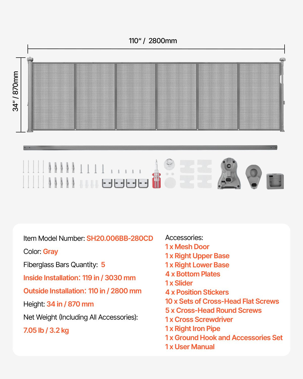 Retractable Baby Gate, 870 mm Tall, Extends up to 2800 mm Wide, Retractable Gate for Kids or Pets, Mesh Material, Easy to Install for Indoor Stairs, Doorways, Hallways, Playrooms, Gray