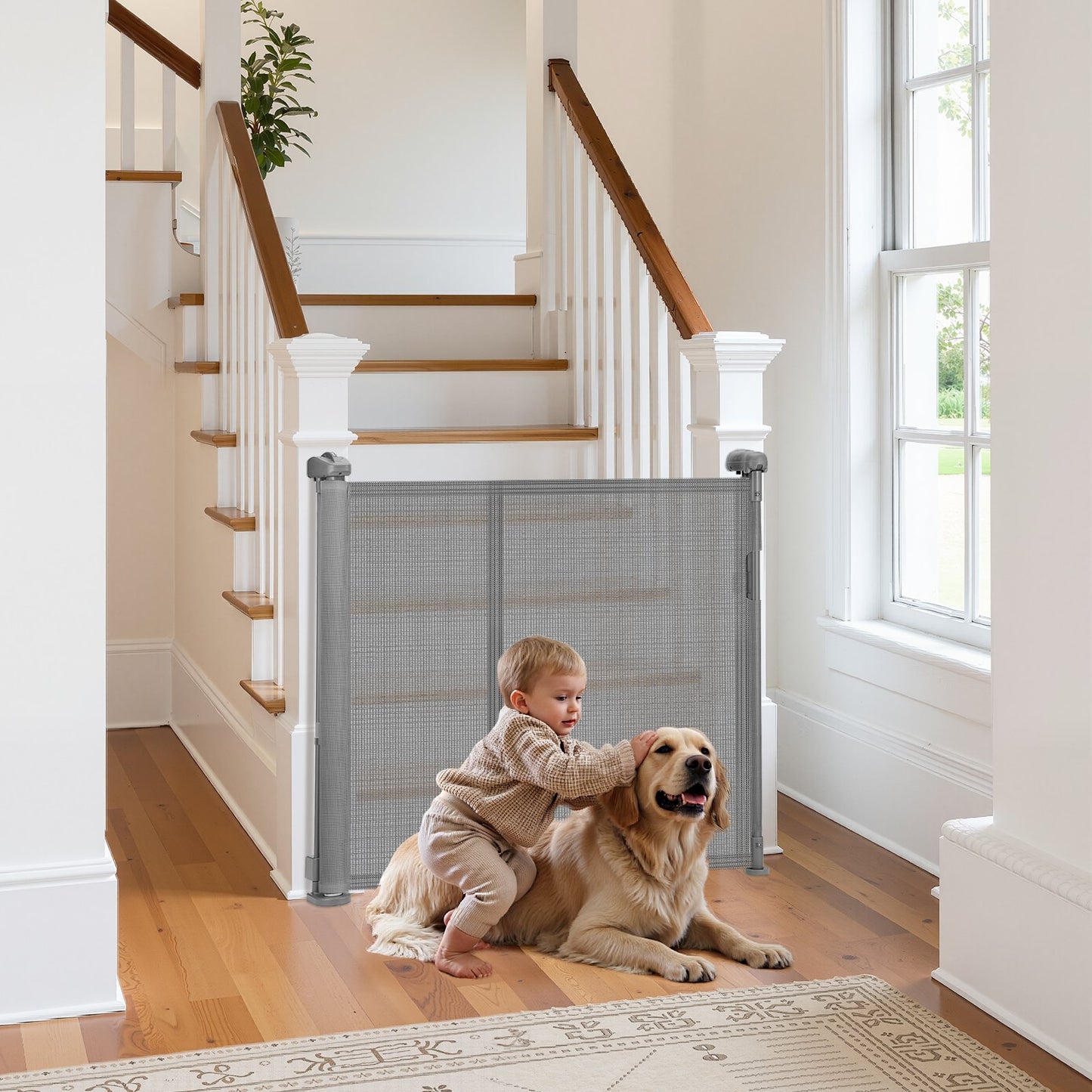 Retractable Baby Gate, 870 mm Tall, Extends up to 2800 mm Wide, Retractable Gate for Kids or Pets, Mesh Material, Easy to Install for Indoor Stairs, Doorways, Hallways, Playrooms, Gray