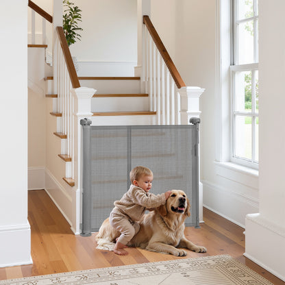 Retractable Baby Gate, 870 mm Tall, Extends up to 2800 mm Wide, Retractable Gate for Kids or Pets, Mesh Material, Easy to Install for Indoor Stairs, Doorways, Hallways, Playrooms, Gray