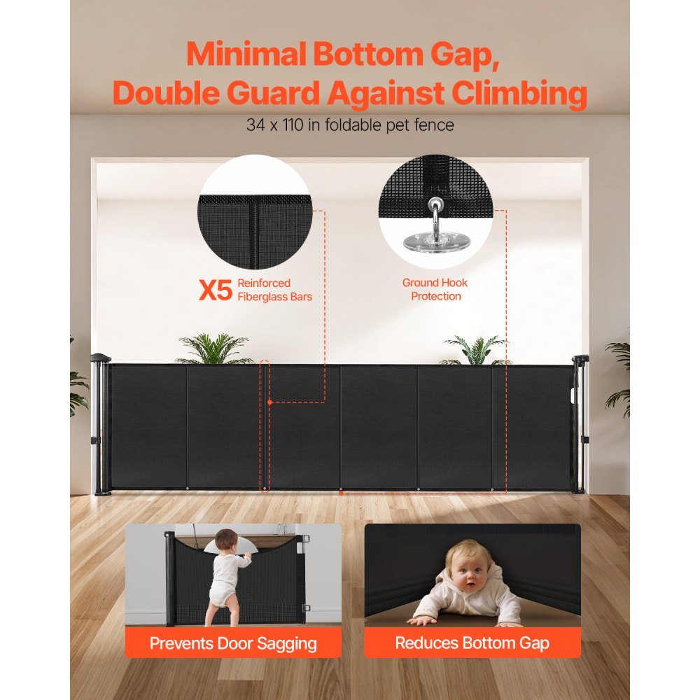 VEVOR Retractable Baby Gate 870 mm Tall Extend to 2800 mm Wide Kids Pets Black