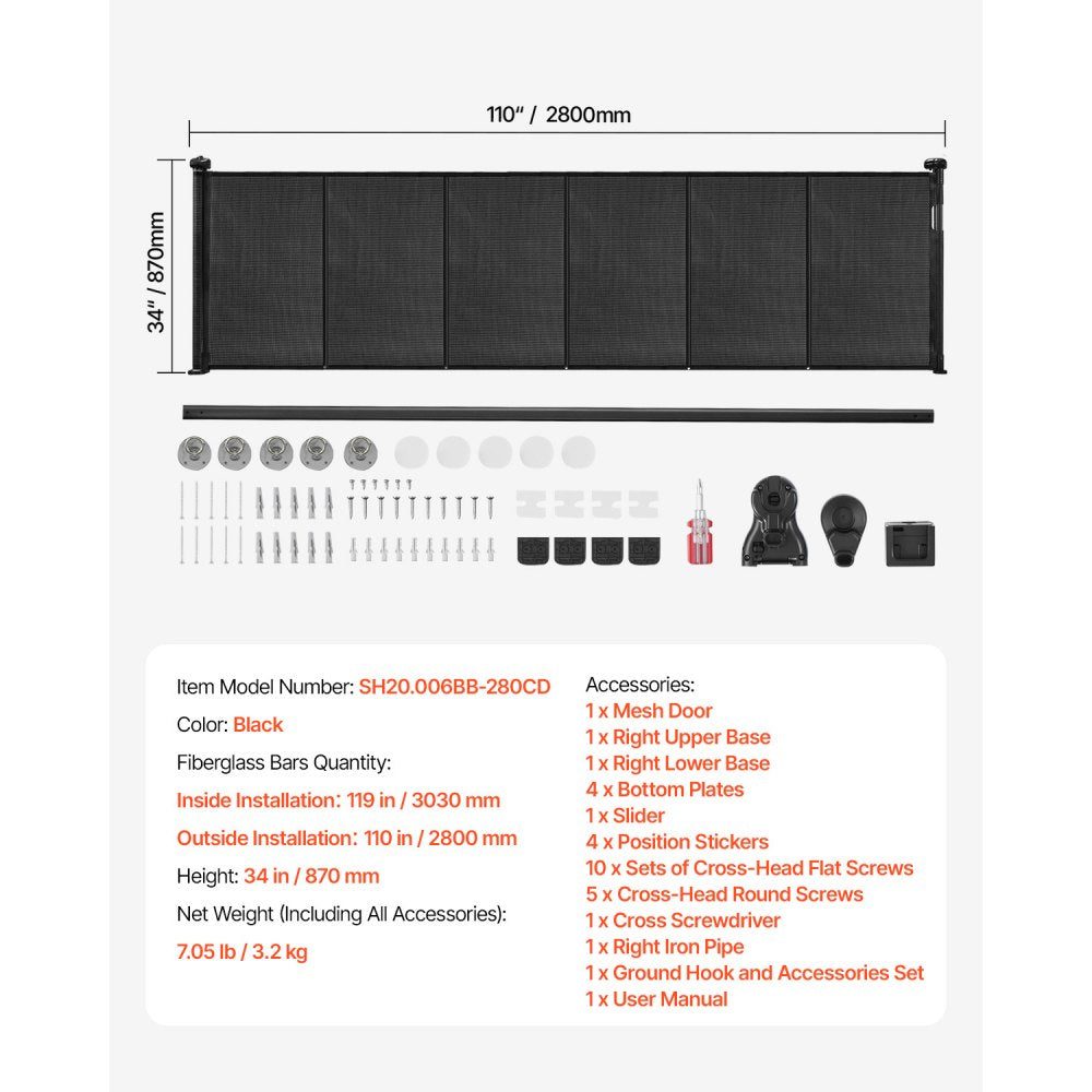 VEVOR Retractable Baby Gate 870 mm Tall Extend to 2800 mm Wide Kids Pets Black