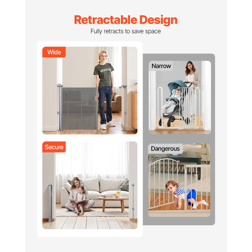 VEVOR Retractable Baby Gate 870 mm Tall Extend to 1400 mm Wide Kids Pets Gray