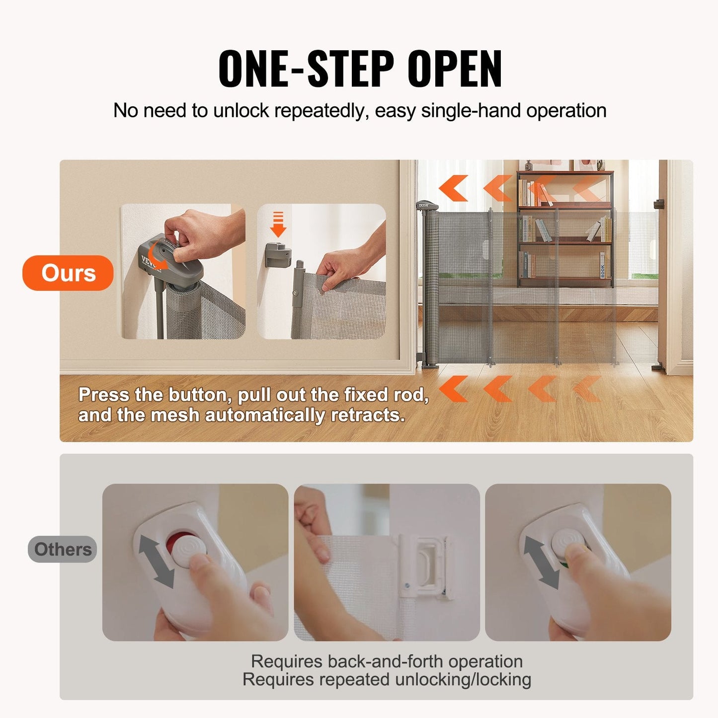 Retractable Mesh Baby Gate, 0.87m Tall, Extends to 1.5m for Kids & Pets, Gray