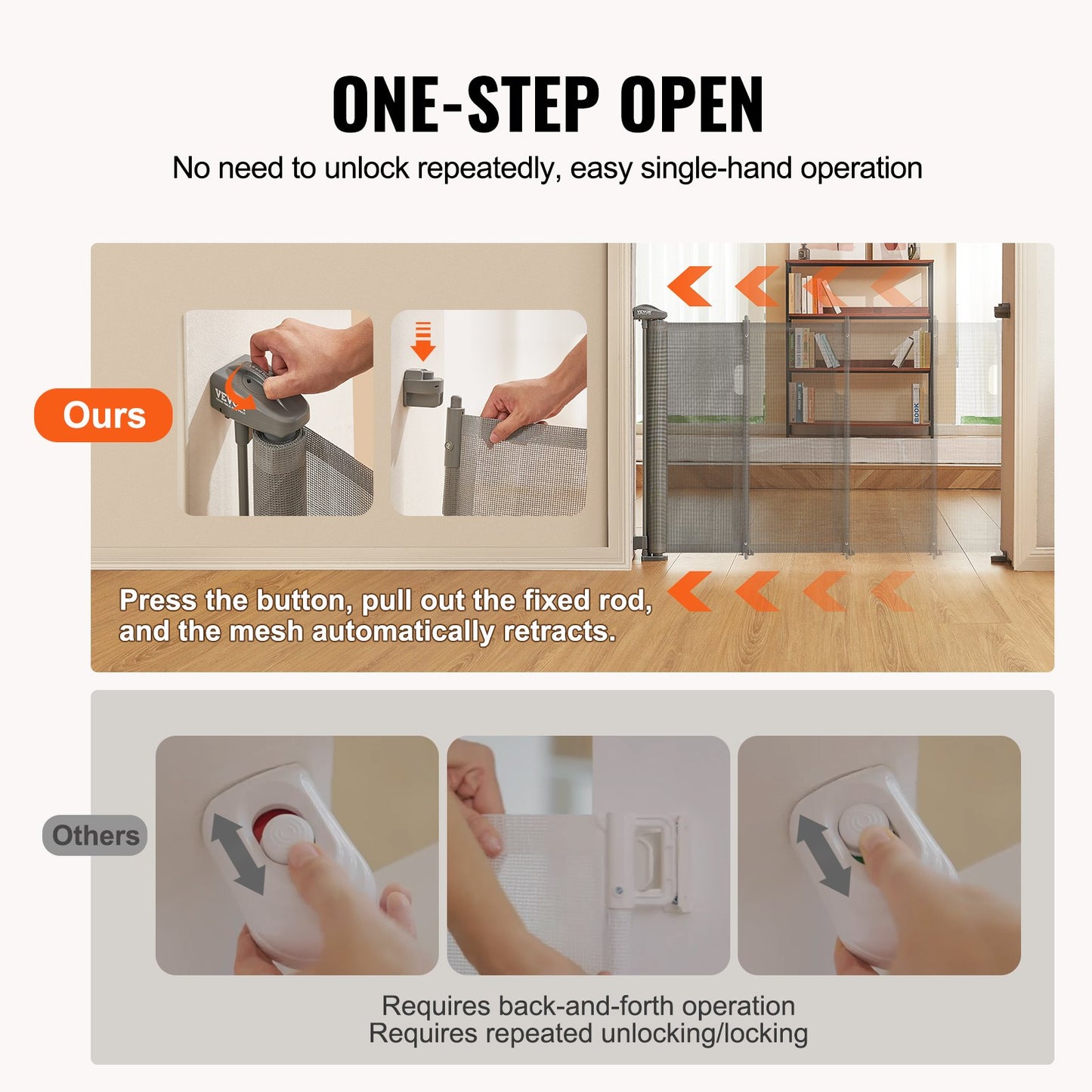 VEVOR Retractable Baby Gate, 34.2" Tall Mesh Baby Gate, Extends up to 60" Wide Retractable