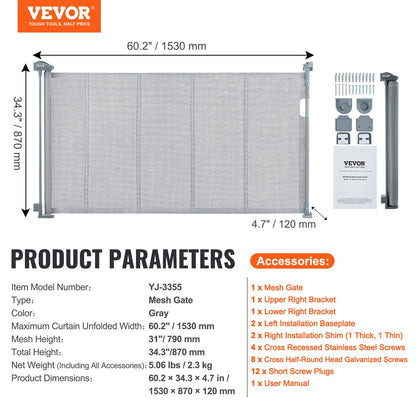 VEVOR Retractable Baby Gate, 34.2" Tall Mesh Baby Gate, Extends up to 60" Wide Retractable
