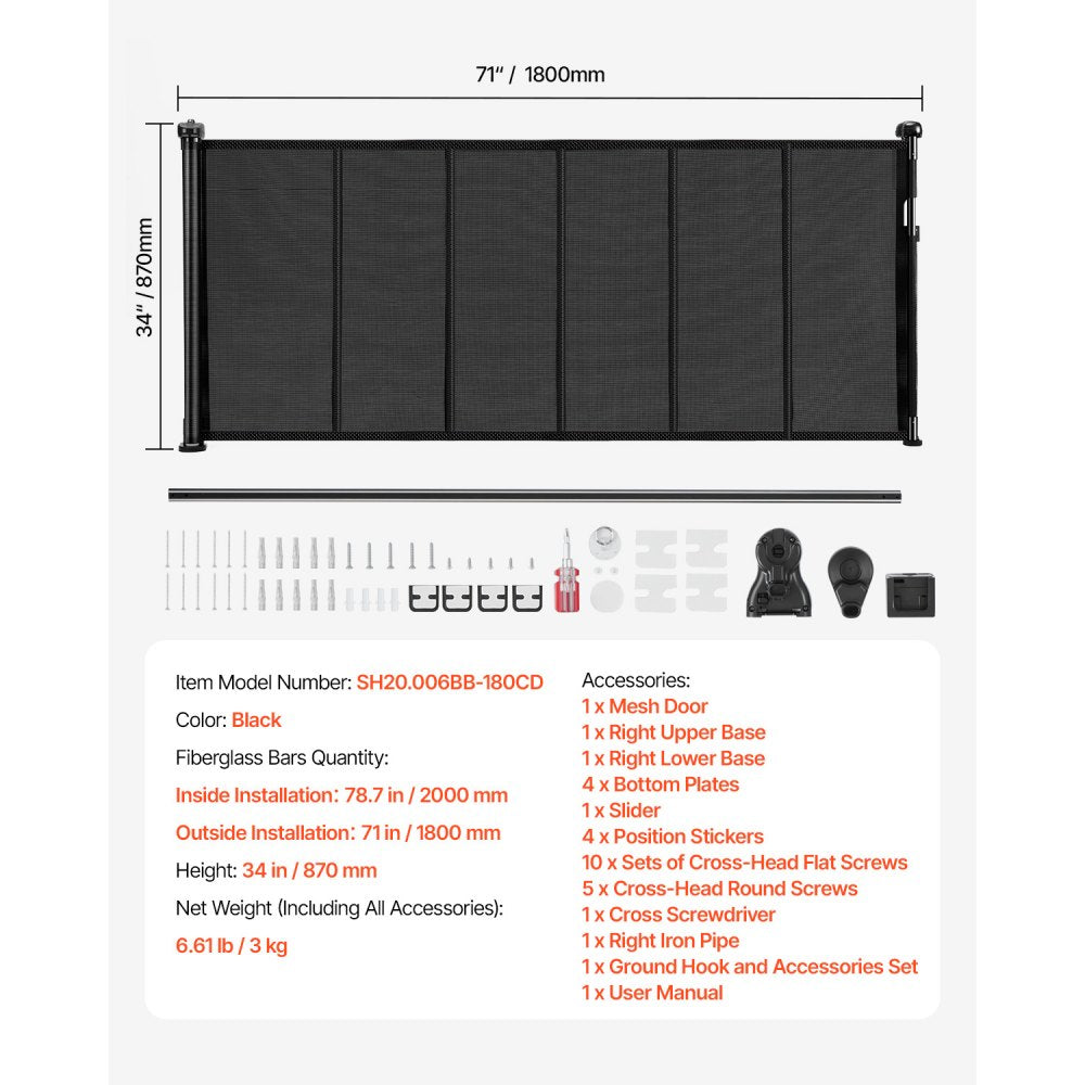 Retractable Baby Gate 870 mm Tall Extend to 1800 mm Wide Kids Pets Black