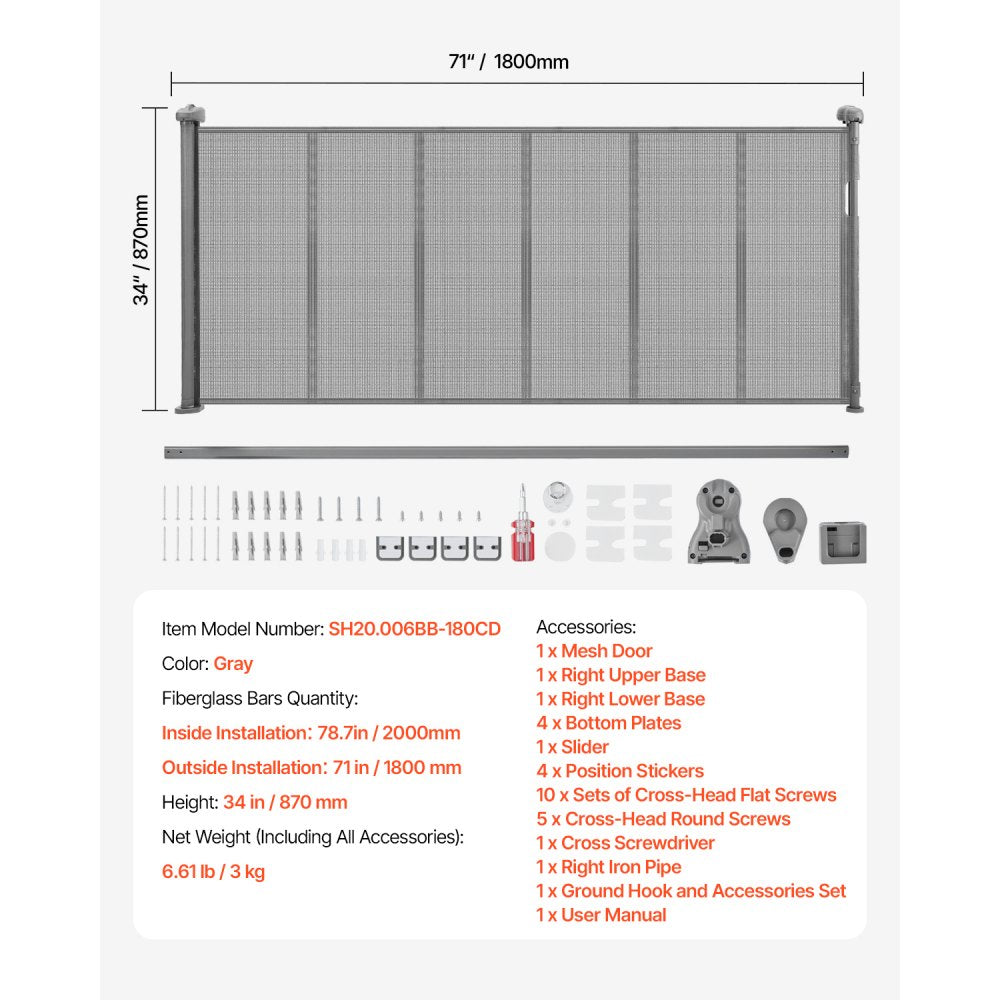 VEVOR Retractable Baby Gate 870 mm Tall Extend to 1800 mm Wide Kids Pets Gray