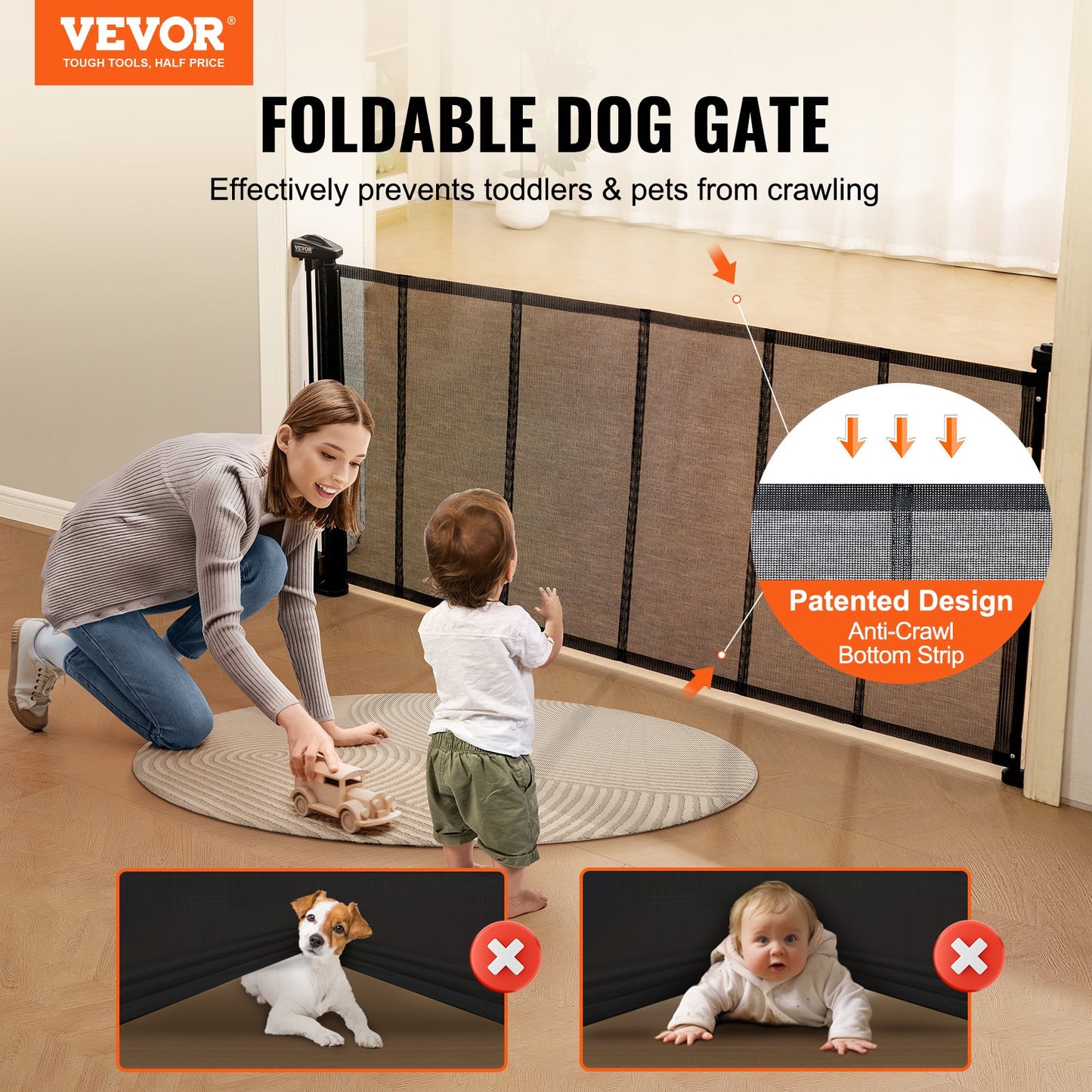 VEVOR Retractable Baby Gate, 34.2" Tall Mesh Baby Gate, Extends up to 76.8" Wide