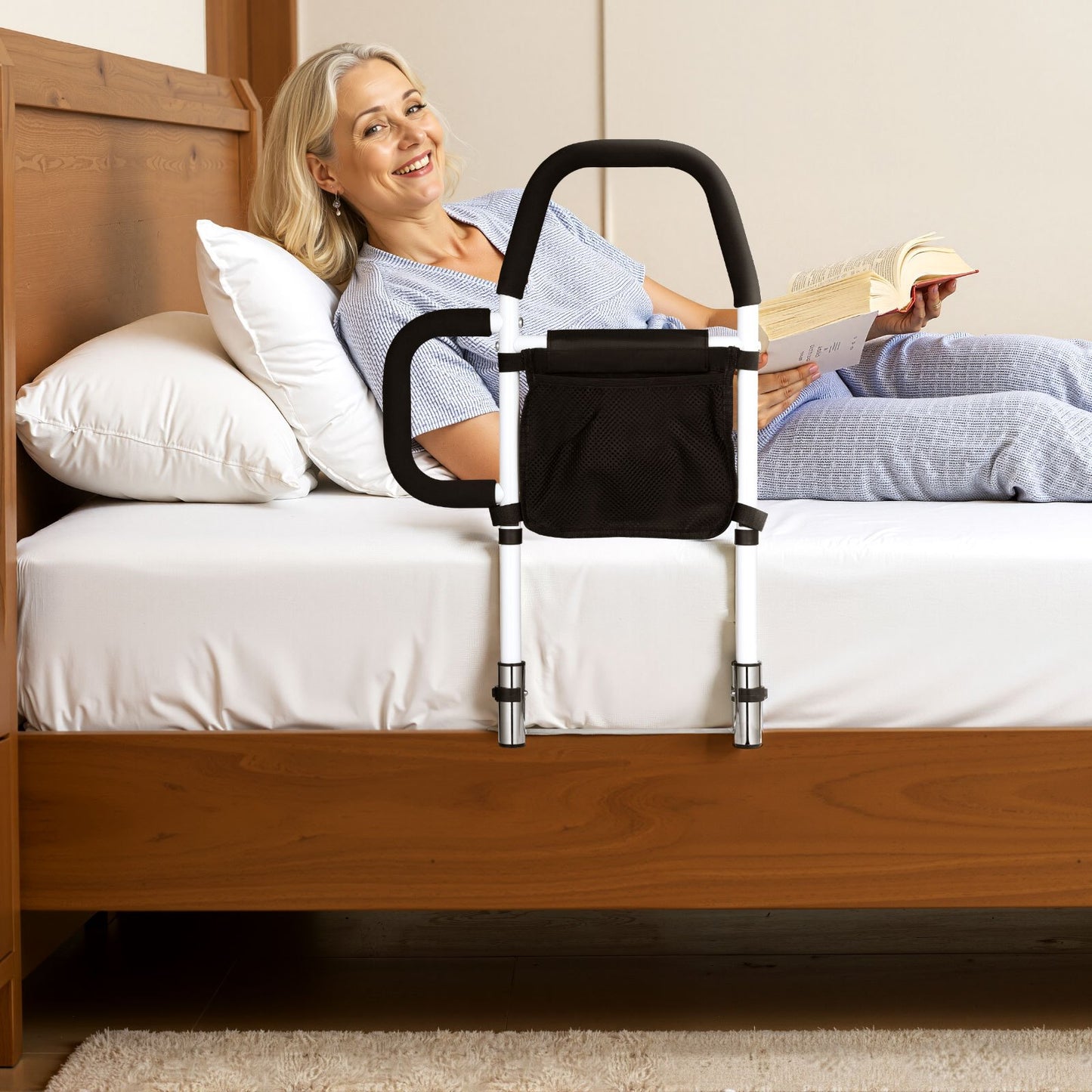 Bed Rail for Elderly, Bedside Assist Rails with Side Handle and PU Handrail, Adjustable Height Carbon Steel Pipe Bedside Cane, Bed Bars for Seniors & Patients, Fits King, Queen, Full, Twin