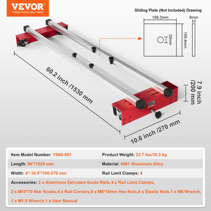 VEVOR Router Sled Adjustable Wood Slab Flattening Mill Router Jig 1525 mm Length