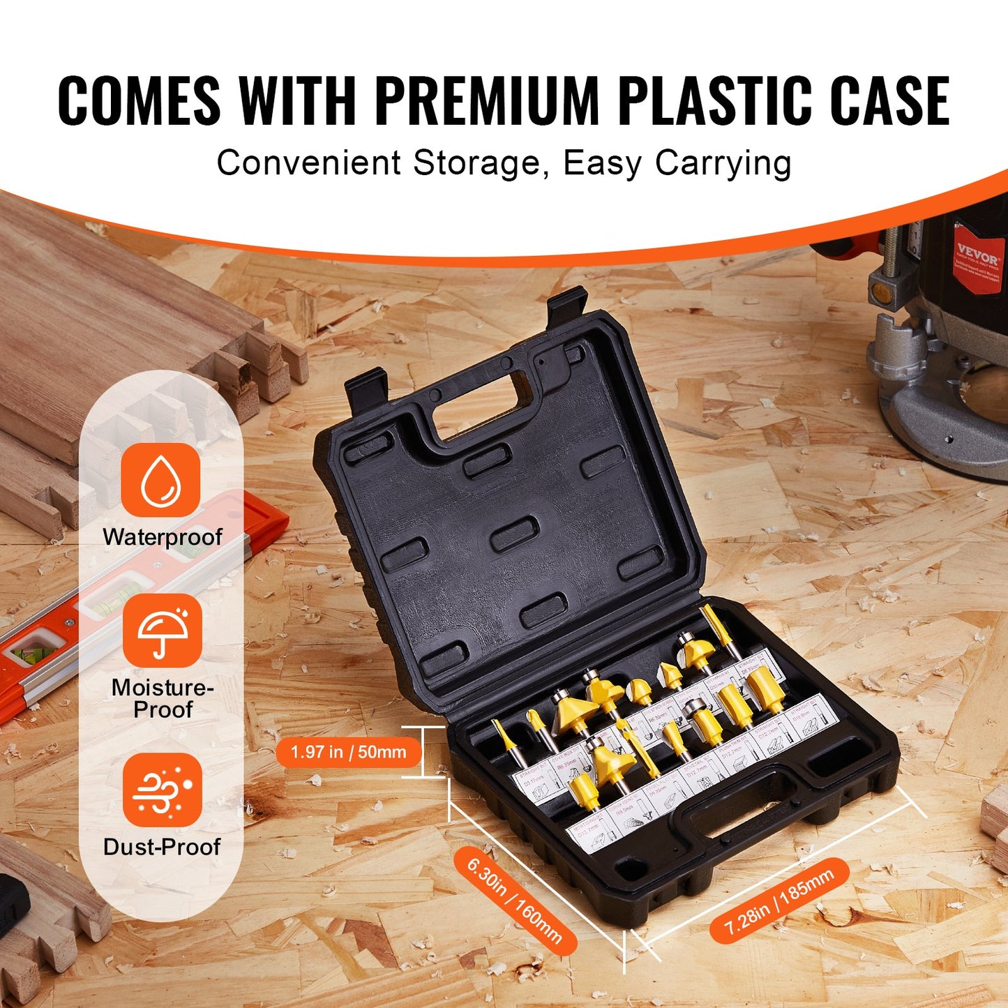 VEVOR Router Bits Set 15 Pieces Carbide Router Bit 1/4 Inch Shank Carrying Case