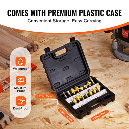 VEVOR Router Bits Set 15 Pieces Carbide Router Bit 1/4 Inch Shank Carrying Case