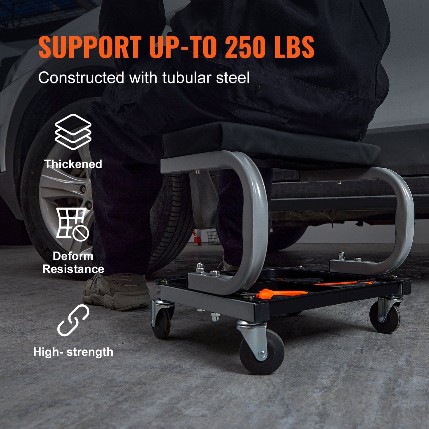 Mechanic Garage Stool with Tool Tray and 360° Movement, 113 kg Capacity