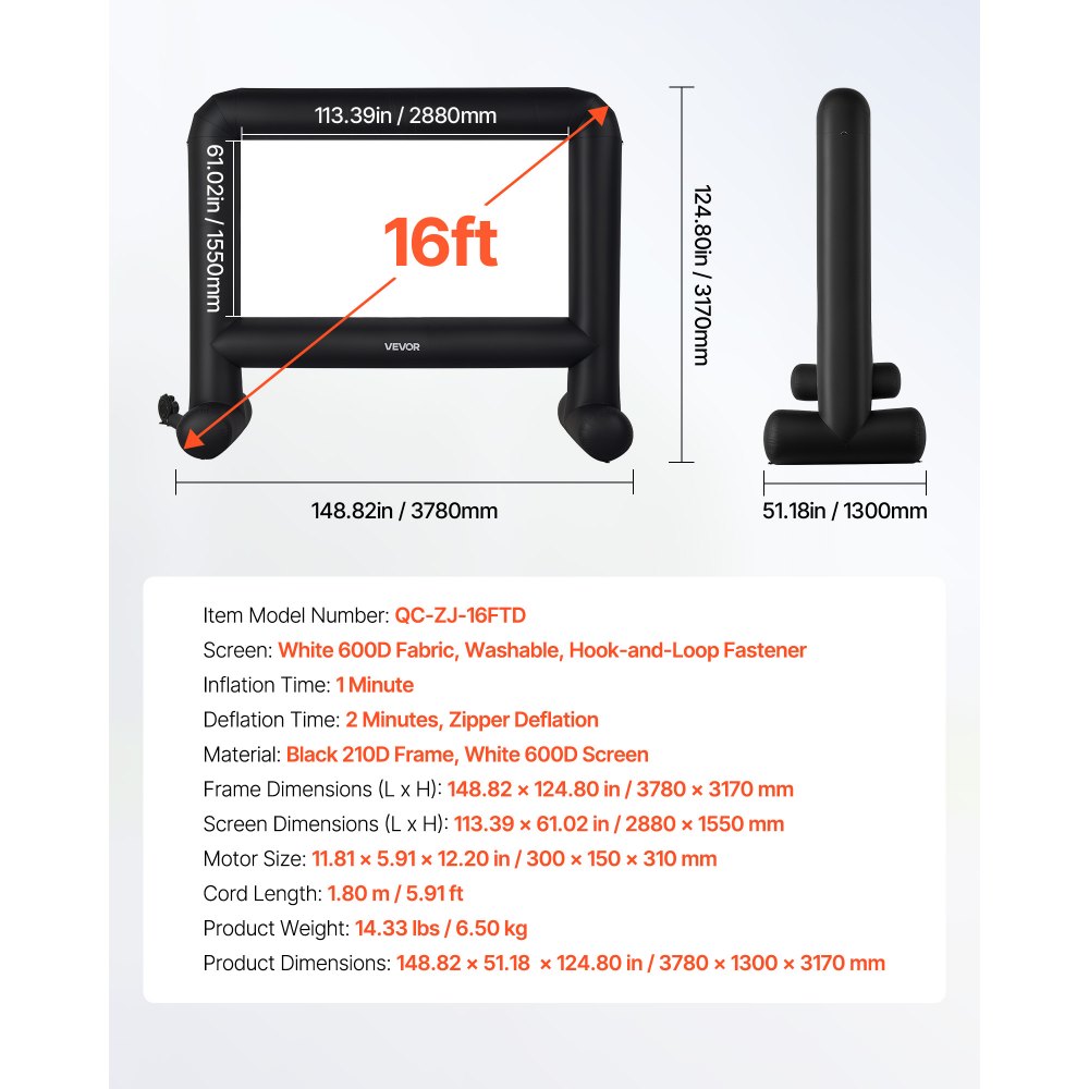 VEVOR 16 ft Inflatable Movie Screen 16:9 600D Movie Projection with Portable Bag
