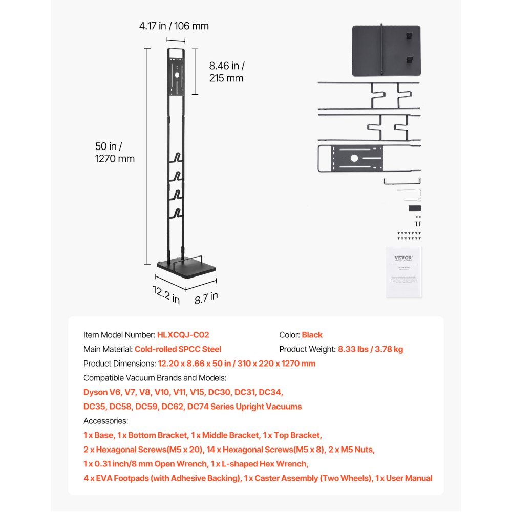 VEVOR Vacuum Stand for Dyson Multi-Models Storage Bracket Holder with Wheels