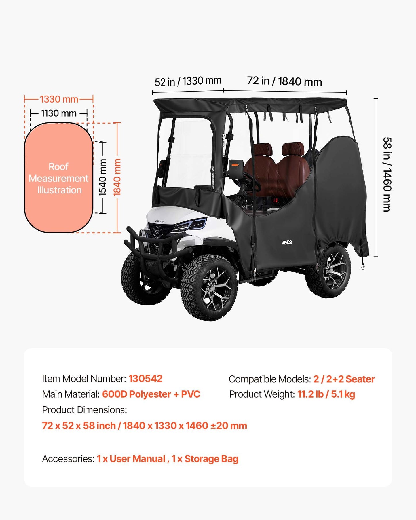 Golf Cart Cover, Visible Full-Enclosure 2&2+2 Passenger Golf Cart, 600D Waterproof Oxford Fabric Club Car Cover Fits Most Carts Club Car, Yamaha, EZGO, Honda, PVC Coating & Windproof Hook Design