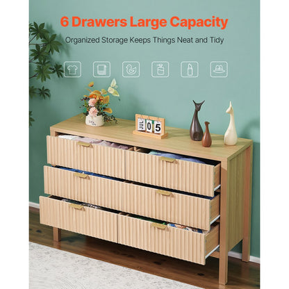 6 Fluted Drawer Dresser Wooden Chest of Drawers with Sliding & Anti-tip