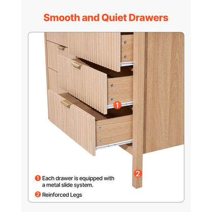 6 Fluted Drawer Dresser Wooden Chest of Drawers with Sliding & Anti-tip