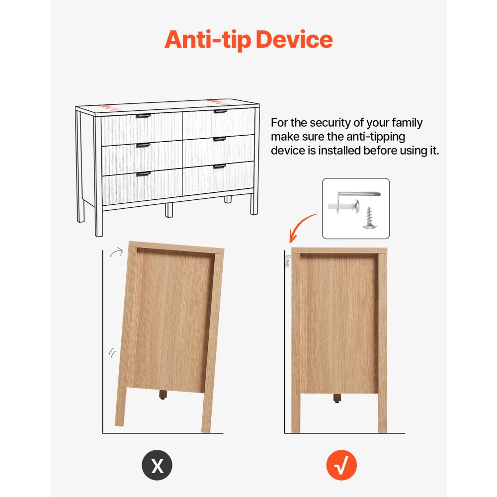 6 Fluted Drawer Dresser Wooden Chest of Drawers with Sliding & Anti-tip
