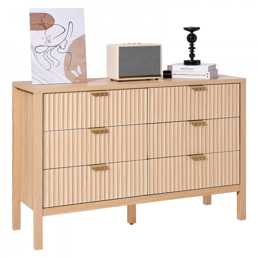 6 Fluted Drawer Dresser Wooden Chest of Drawers with Sliding & Anti-tip