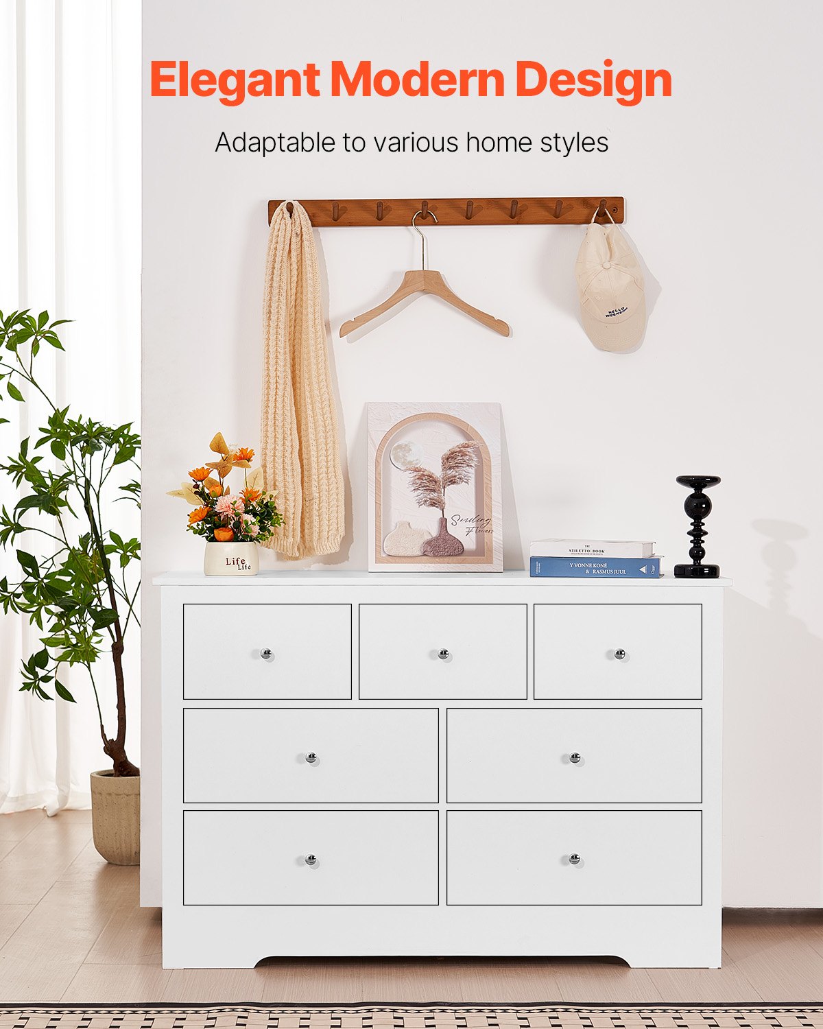 7 Drawer Dresser, Wooden Chest of Drawers with Sliding with Anti-tip Device, Modern Minimalist Dresser Chest, Closet Storage Organizer for Living Room, Hallway, Bedroom, Entryway, Light Wood
