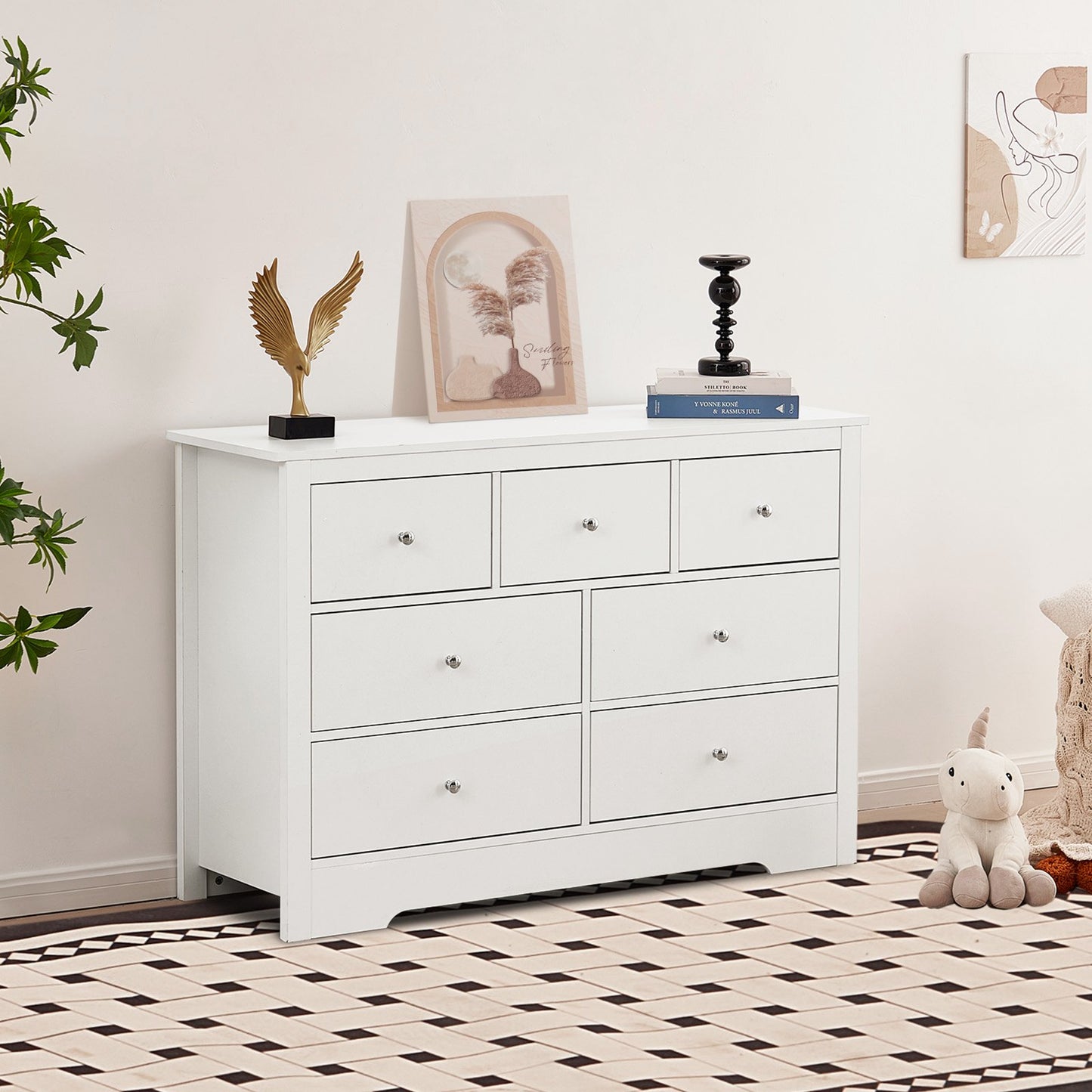 7 Drawer Dresser, Wooden Chest of Drawers with Sliding with Anti-tip Device, Modern Minimalist Dresser Chest, Closet Storage Organizer for Living Room, Hallway, Bedroom, Entryway, Light Wood