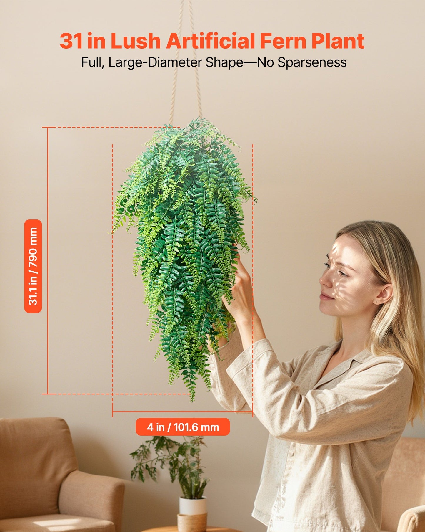 Artificial Ferns, 12 Pcs Fake Hanging Boston Fern Bush Plant with 813 mm Hanging Length, Plastic Faux Greenery for Indoor/Outdoor Decor, For Wall, Wedding Party, Home, Porch Garden, No Basket